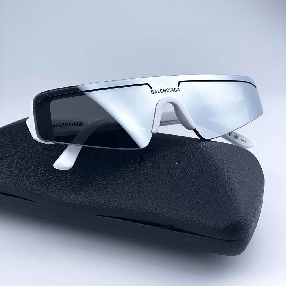 NEW Balenciaga BB0003S 002 White Silver Grey Mirrored Unisex Sunglasses